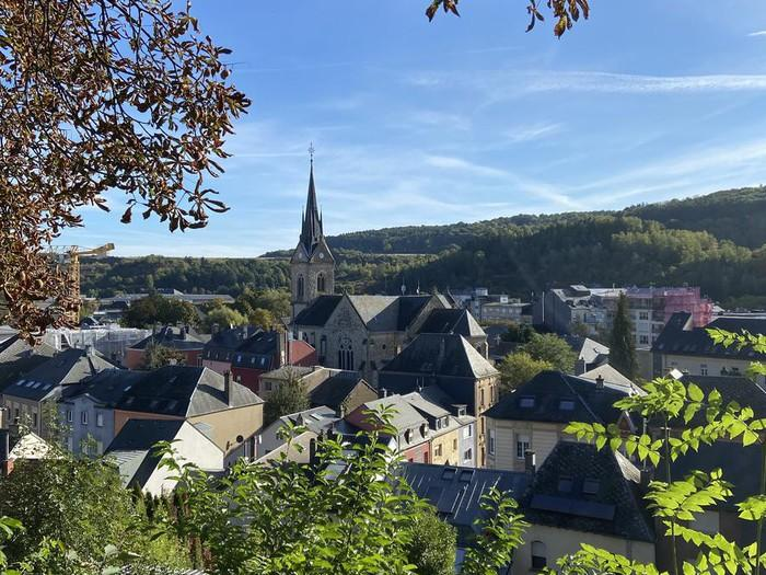 Streets and traditional buildings in Rumelange, Luxembourg.