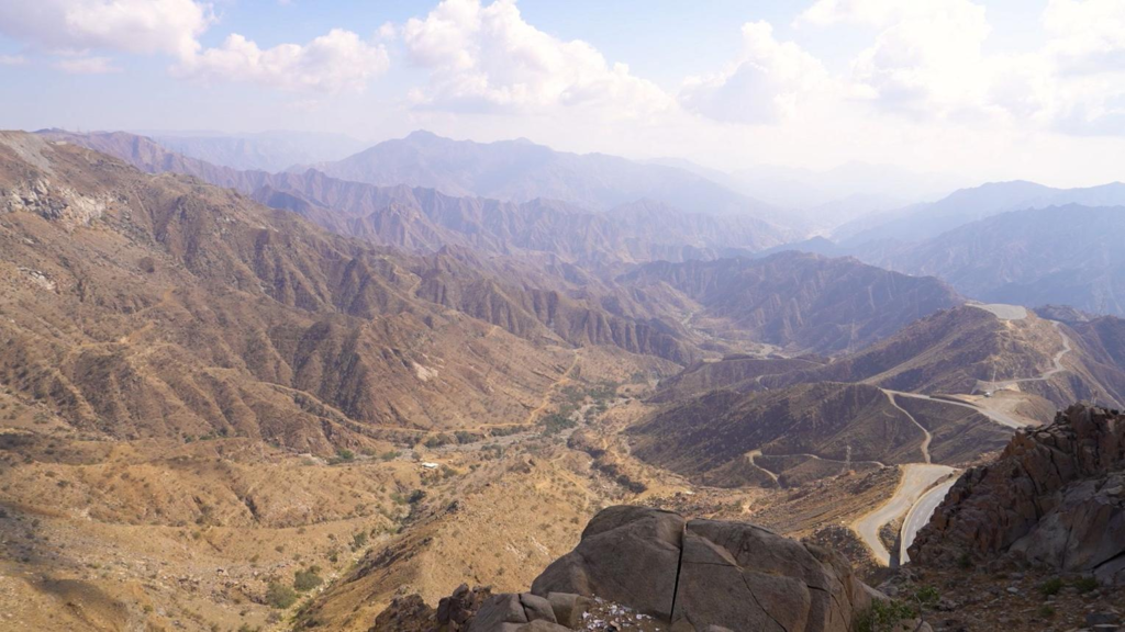 Mountain and desert scenery in the Asir Region of Saudi Arabia.