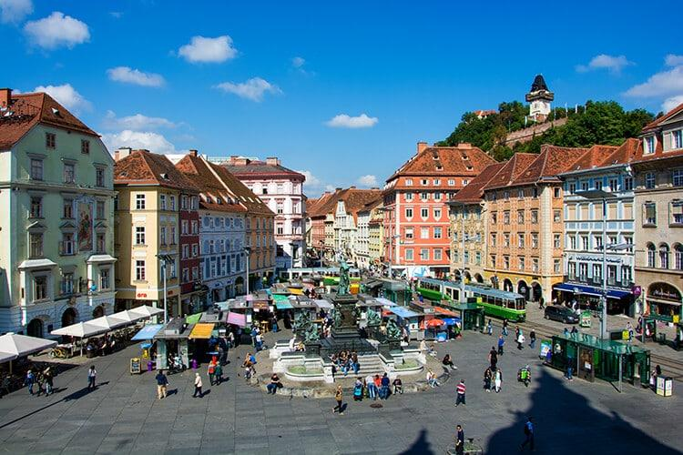 Historic buildings in Graz Old Town Austria.