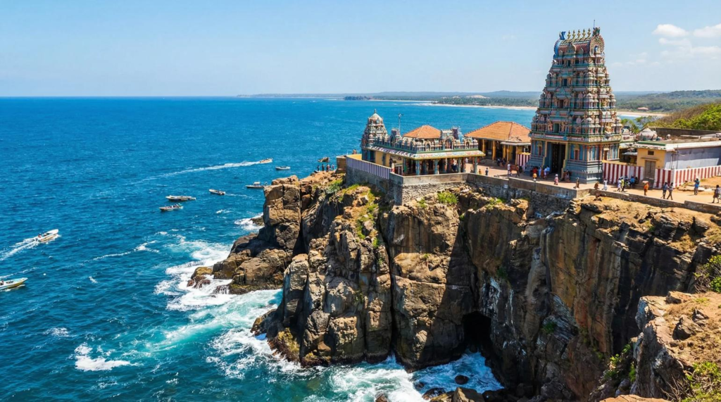 Visitors exploring Koneswaram Temple, a historic Hindu temple in Trincomalee, Sri Lanka, overlooking the coastline.