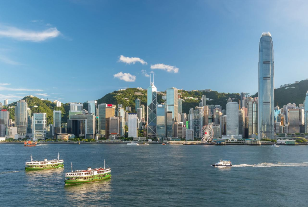Panoramic view of Victoria Harbour from Tsim Sha Tsui in Hong Kong.
