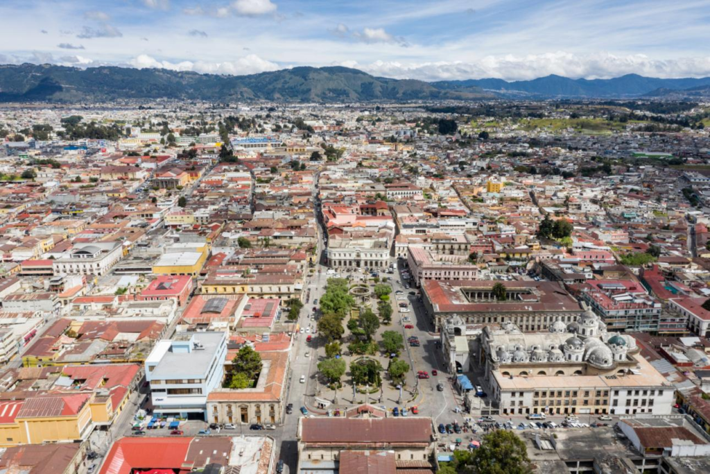 Historic city streets and buildings in Quetzaltenango, Guatemala.