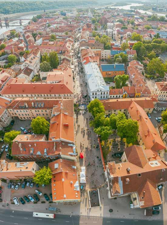 Historic streets and buildings in Kaunas Old Town Lithuania.