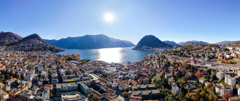 Lake Lugano and city landscape in Switzerland.