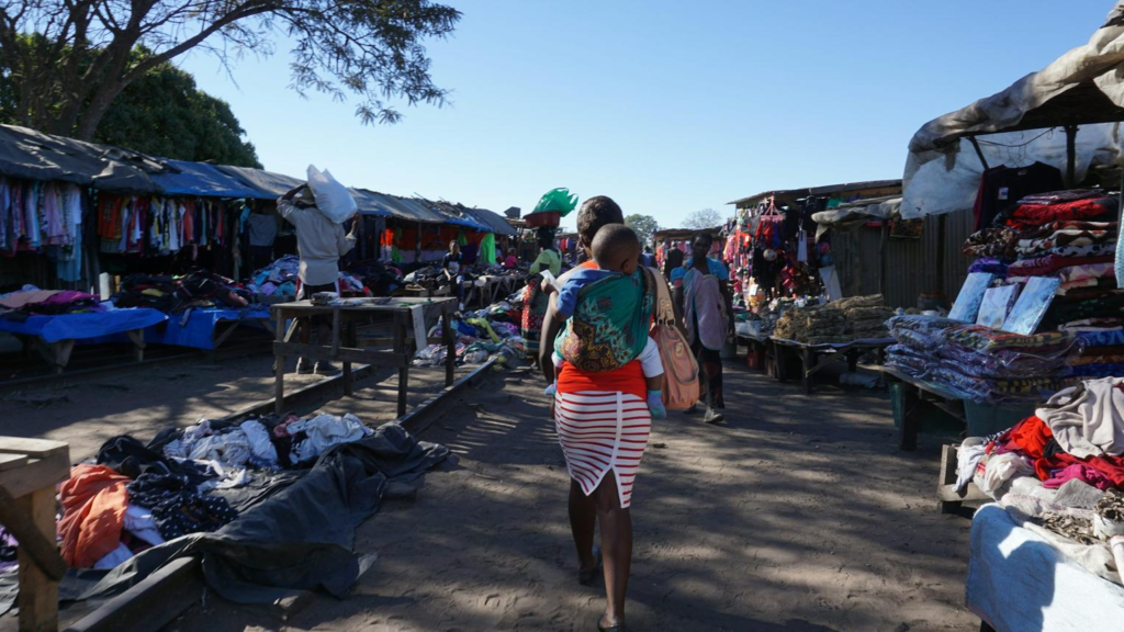 Visitors walking through streets in Kafue with local shops, markets, and pedestrian activity.
