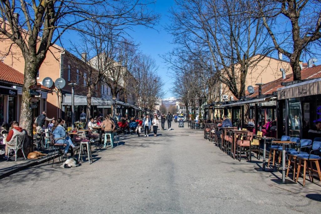 Visitors walking through streets in Nikšić with local shops, cafés, and pedestrian activity.