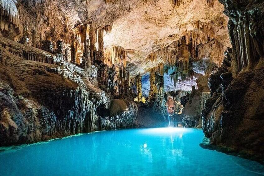 Spectacular limestone cave formations inside Jeita Grotto, Lebanon.