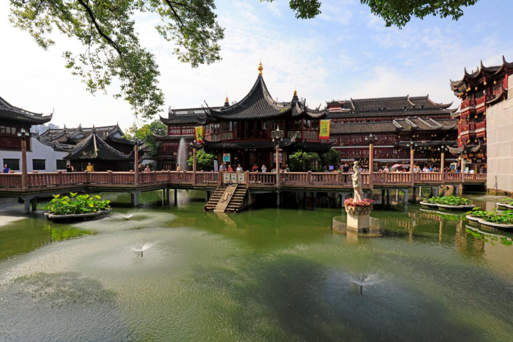 Traditional Chinese pavilions and ponds inside Yu Garden in Shanghai.